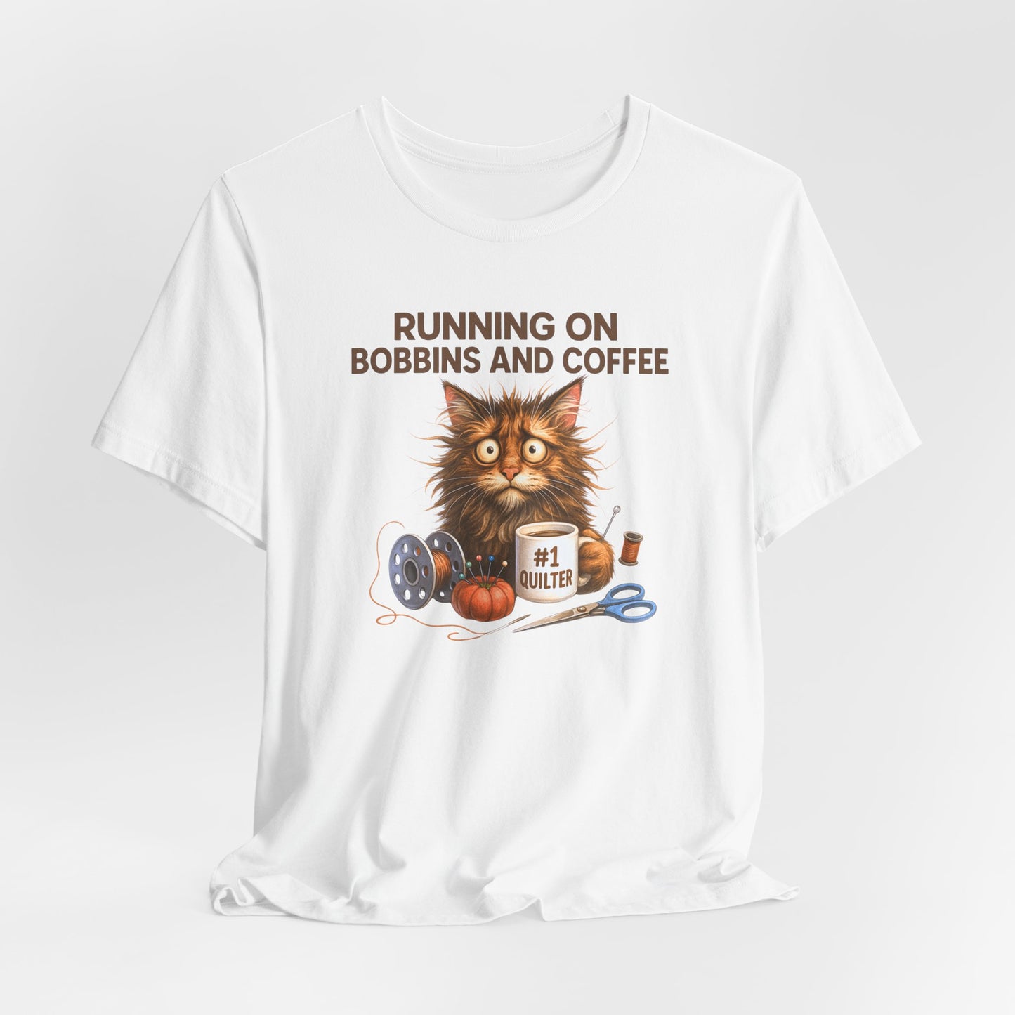 Running on Bobbins and Coffee Quilting Cat T-Shirt | Funny Quilter Gift | Cute Cat Lover Sewing Tee