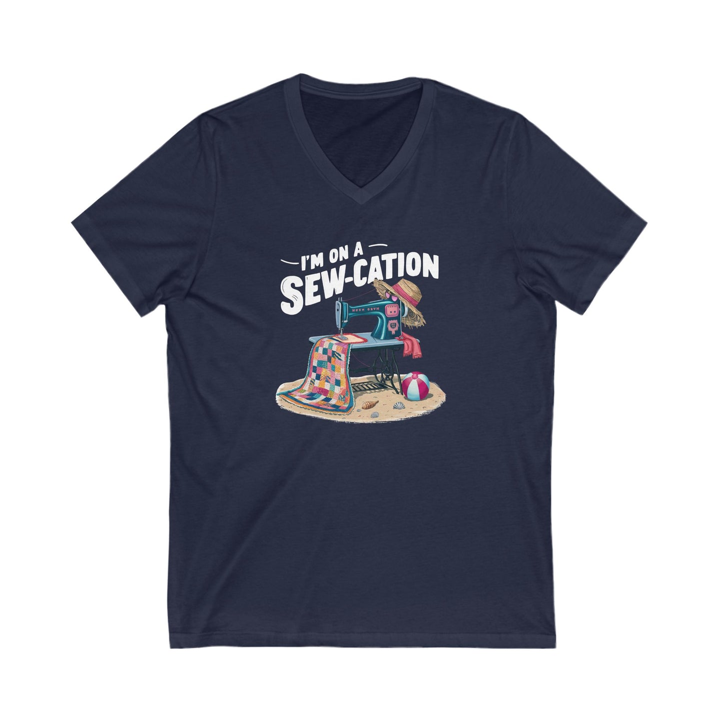 Navy blue t-shirt with a graphic design and text 'I'm on a Sew-cation' on a white background