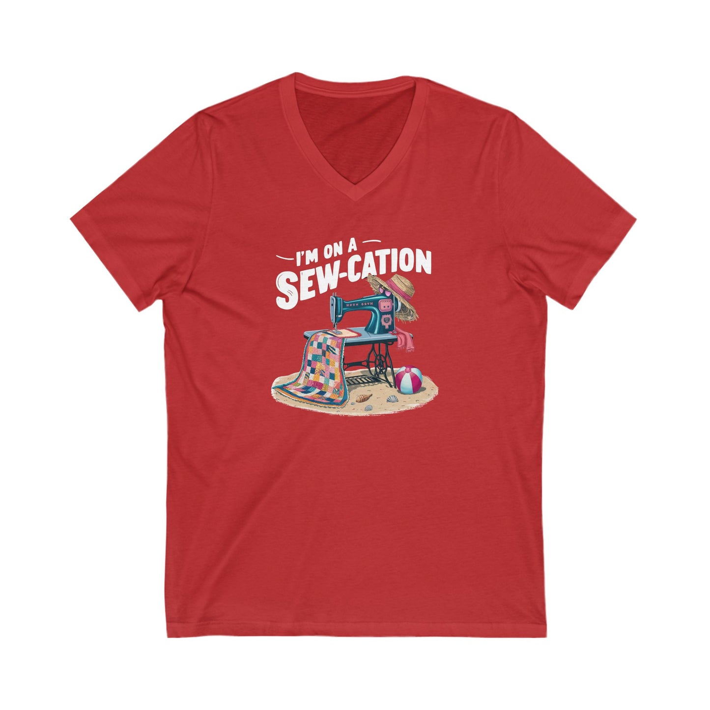 Red t-shirt with a graphic of a sewing machine and text 'I'm on a Sew-cation' on a white background