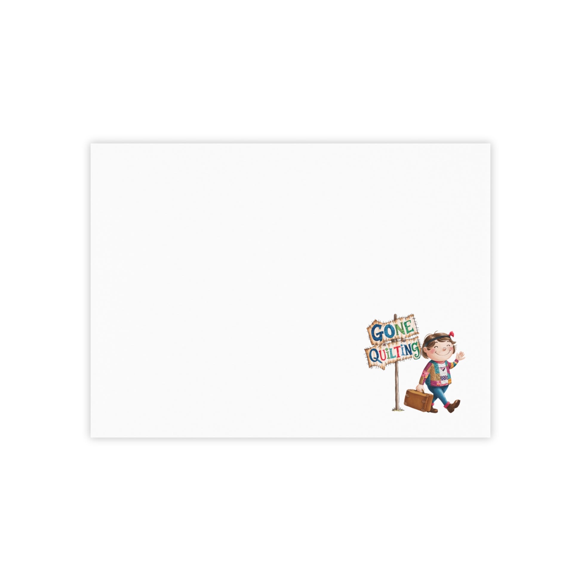 Unique and fun quilting notepads for quilters featuring 'Gone Quilting: Whimsical 3M Post-it Notes for Quilters'. Ideal for showing off quilting passion.