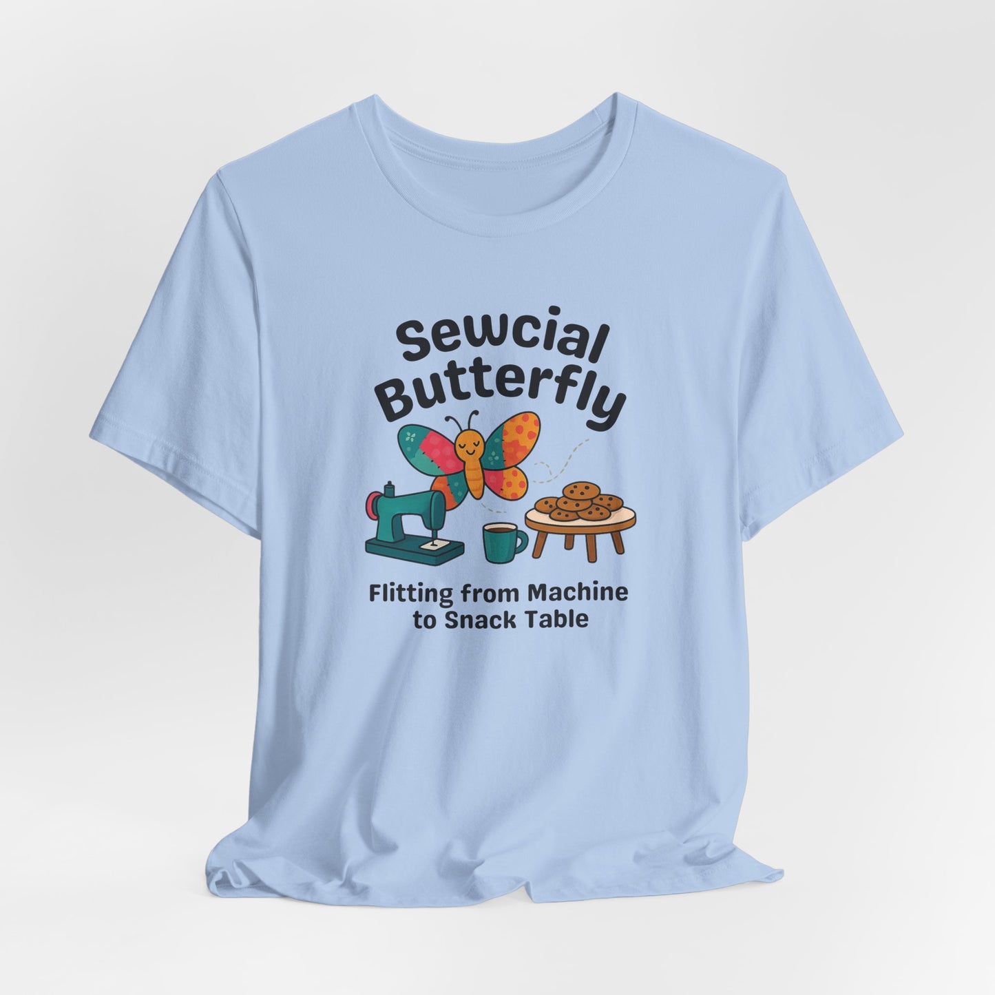 Sewcial Butterfly Quilting T-Shirt – Snack Table Hopper Tee for Quilters