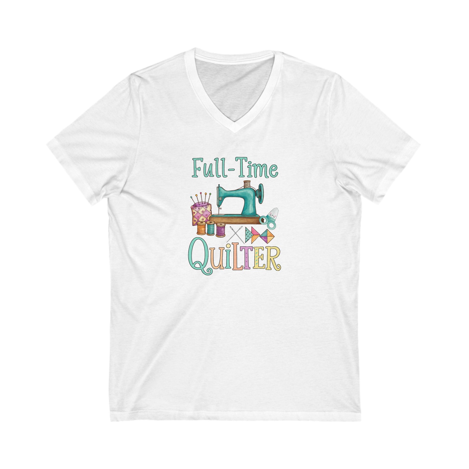 White t-shirt with 'Full-Time Quilter' design featuring a sewing machine and quilt on a white background