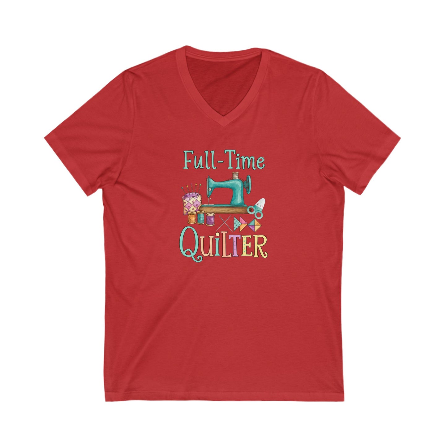 Red t-shirt with 'Full-Time Quilter' text and sewing-themed graphics on a white background