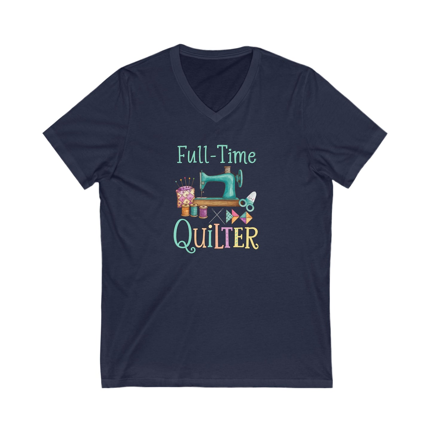 Navy blue t-shirt with 'Full-Time Quilter' design featuring a sewing machine and scissors on a white background.