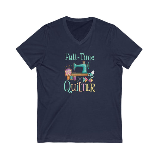 Navy blue t-shirt with 'Full-Time Quilter' design featuring a sewing machine and scissors on a white background.