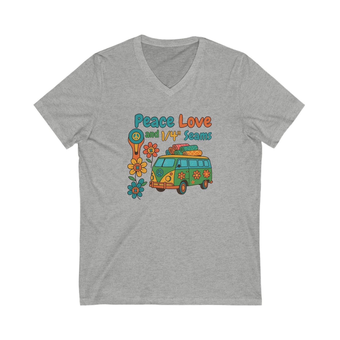 Peace Love and 1/4" Seams V-Neck T-Shirt – Retro Quilting Tee for Groovy Stitchers