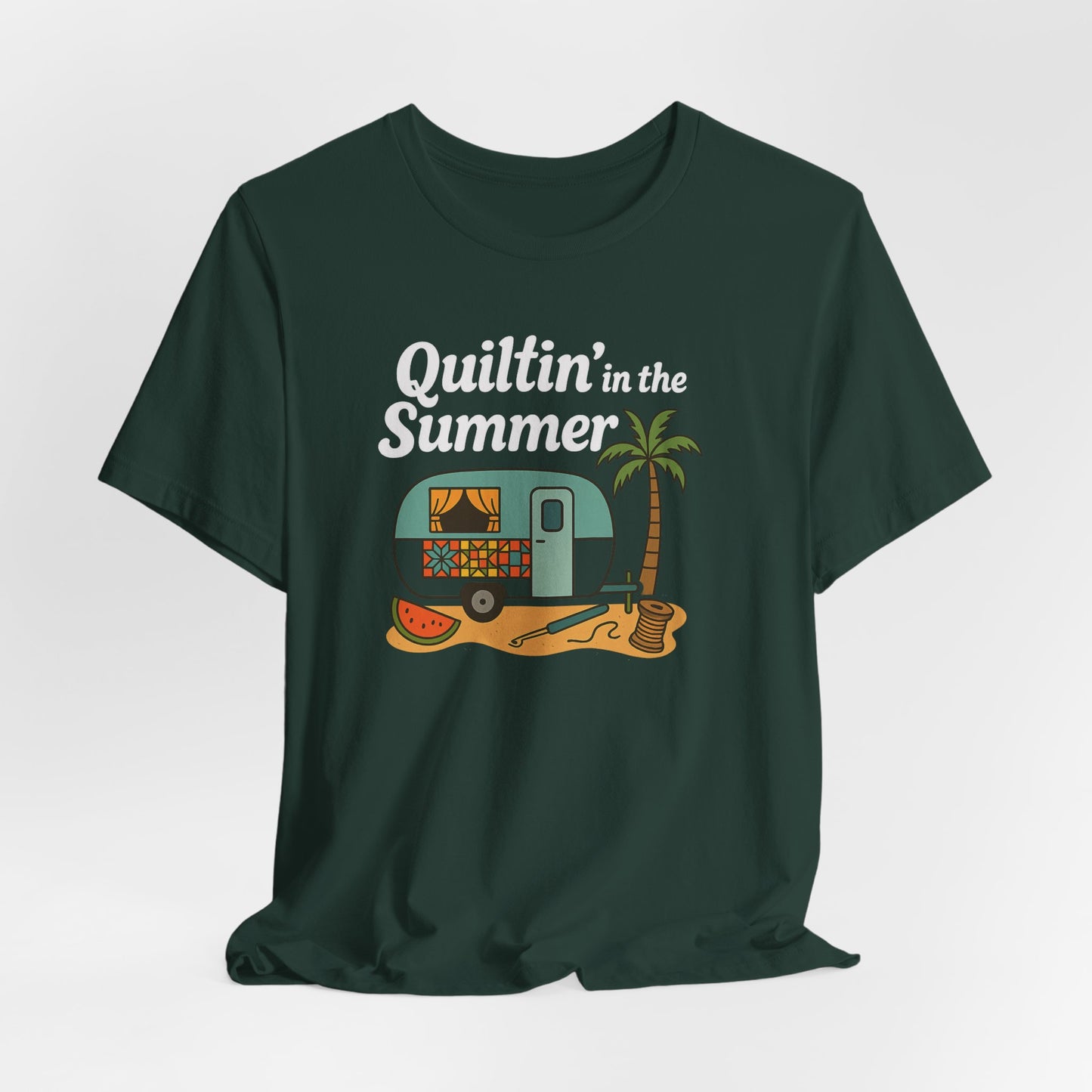 Quiltin’ in the Summer T-Shirt – Funny Quilting Camper Tee for Summer Stitchers