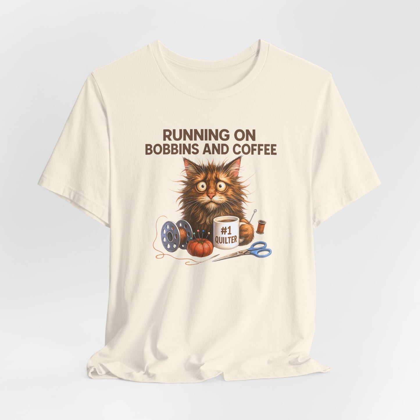 Running on Bobbins and Coffee Quilting Cat T-Shirt | Funny Quilter Gift | Cute Cat Lover Sewing Tee