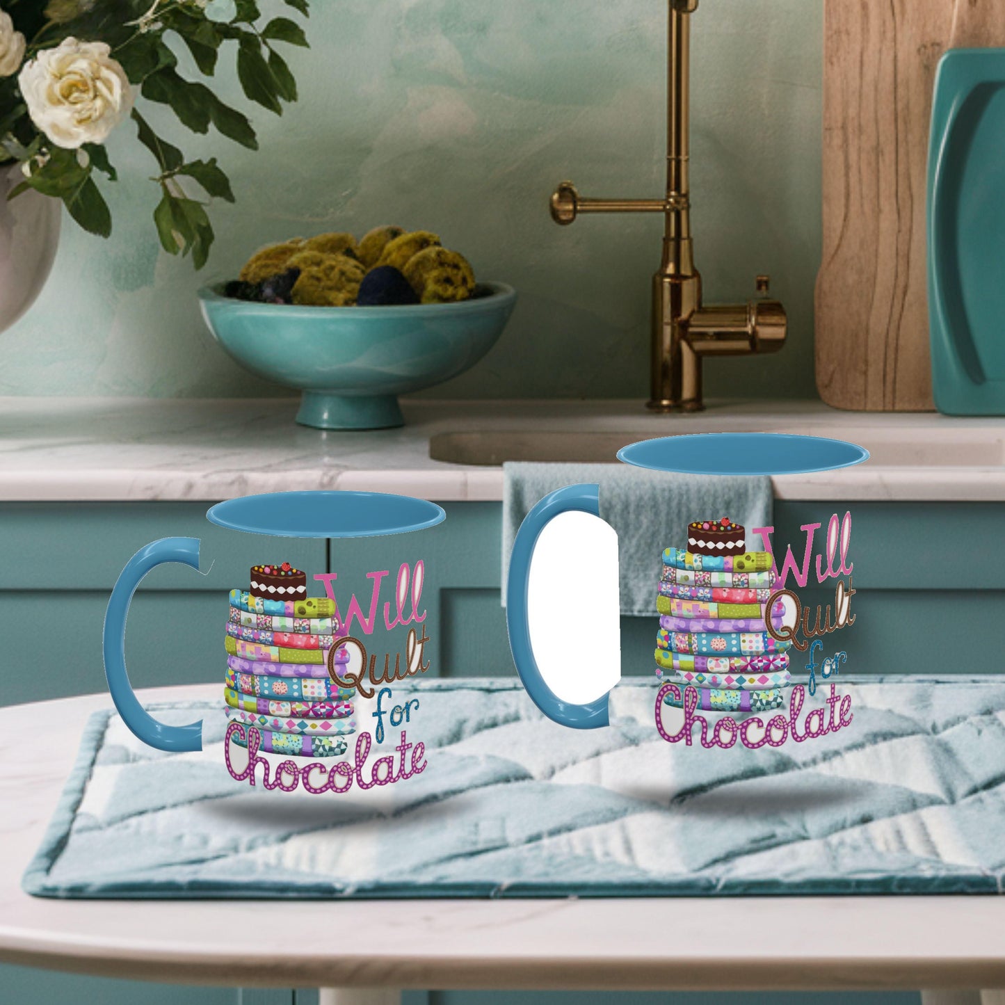 Will Quilt for Chocolate – Funny Quilting Ceramic Mug for Sweet-Loving Stitchers