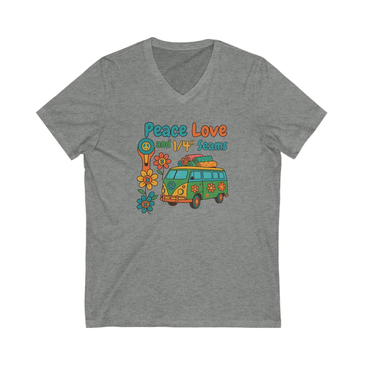 Peace Love and 1/4" Seams V-Neck T-Shirt – Retro Quilting Tee for Groovy Stitchers