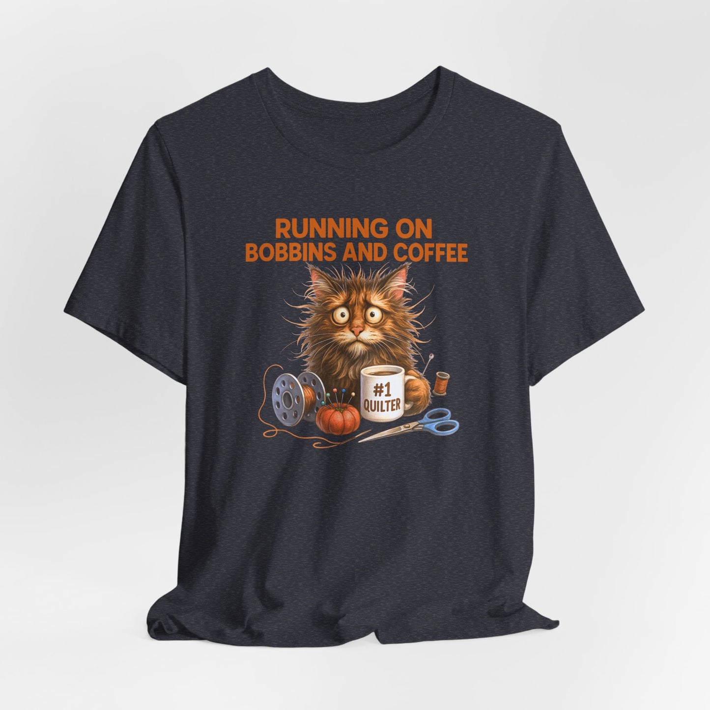 Running on Bobbins and Coffee Quilting Cat T-Shirt | Funny Quilter Gift | Cute Cat Lover Sewing Tee