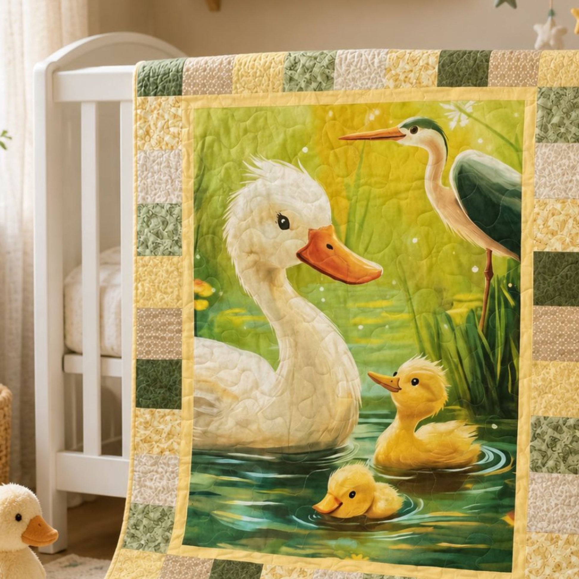 Little Marsh Friends baby quilt kit draped over a crib — duck-and-ducklings nursery quilt, a baby shower gift
