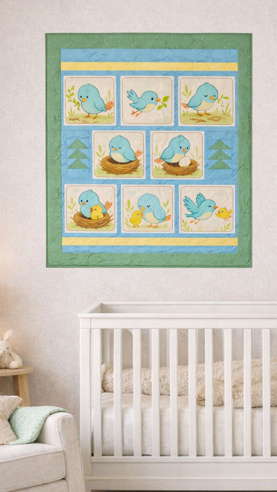 Little Birdie Makes a Nest quilt panel hung as a wall hanging above a crib
