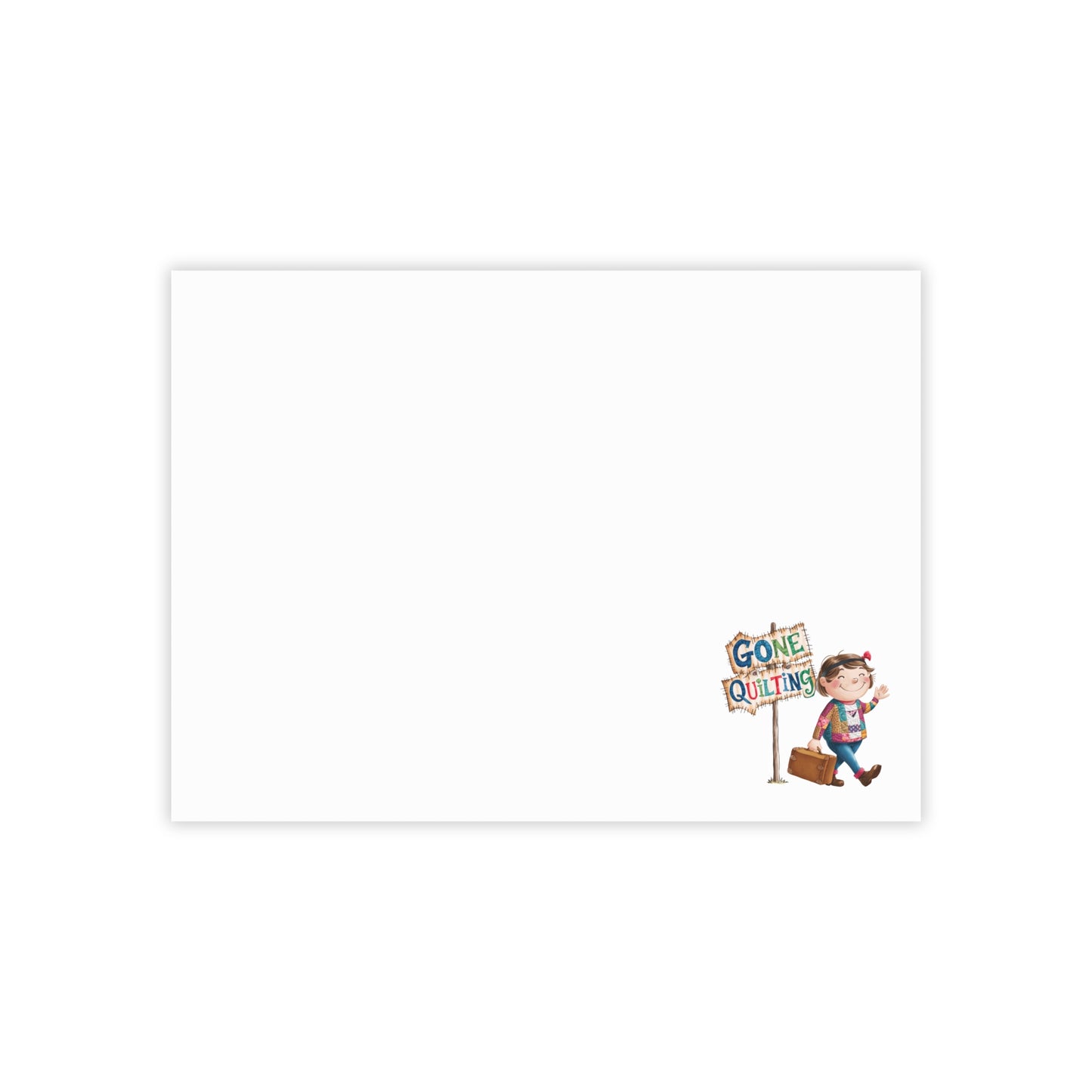 Unique and fun quilting notepads for quilters featuring 'Gone Quilting: Whimsical 3M Post-it Notes for Quilters'. Ideal for showing off quilting passion.