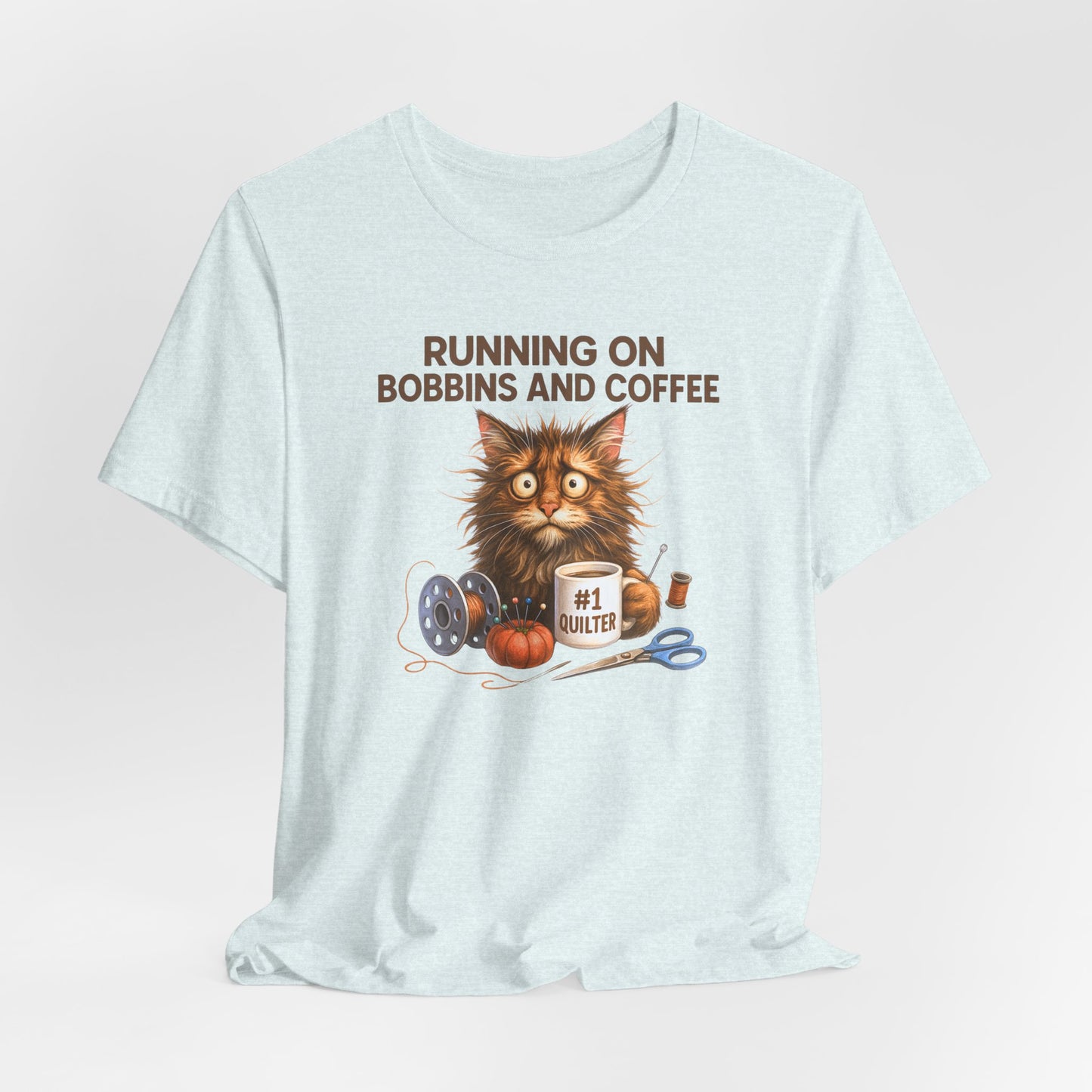 Running on Bobbins and Coffee Quilting Cat T-Shirt | Funny Quilter Gift | Cute Cat Lover Sewing Tee
