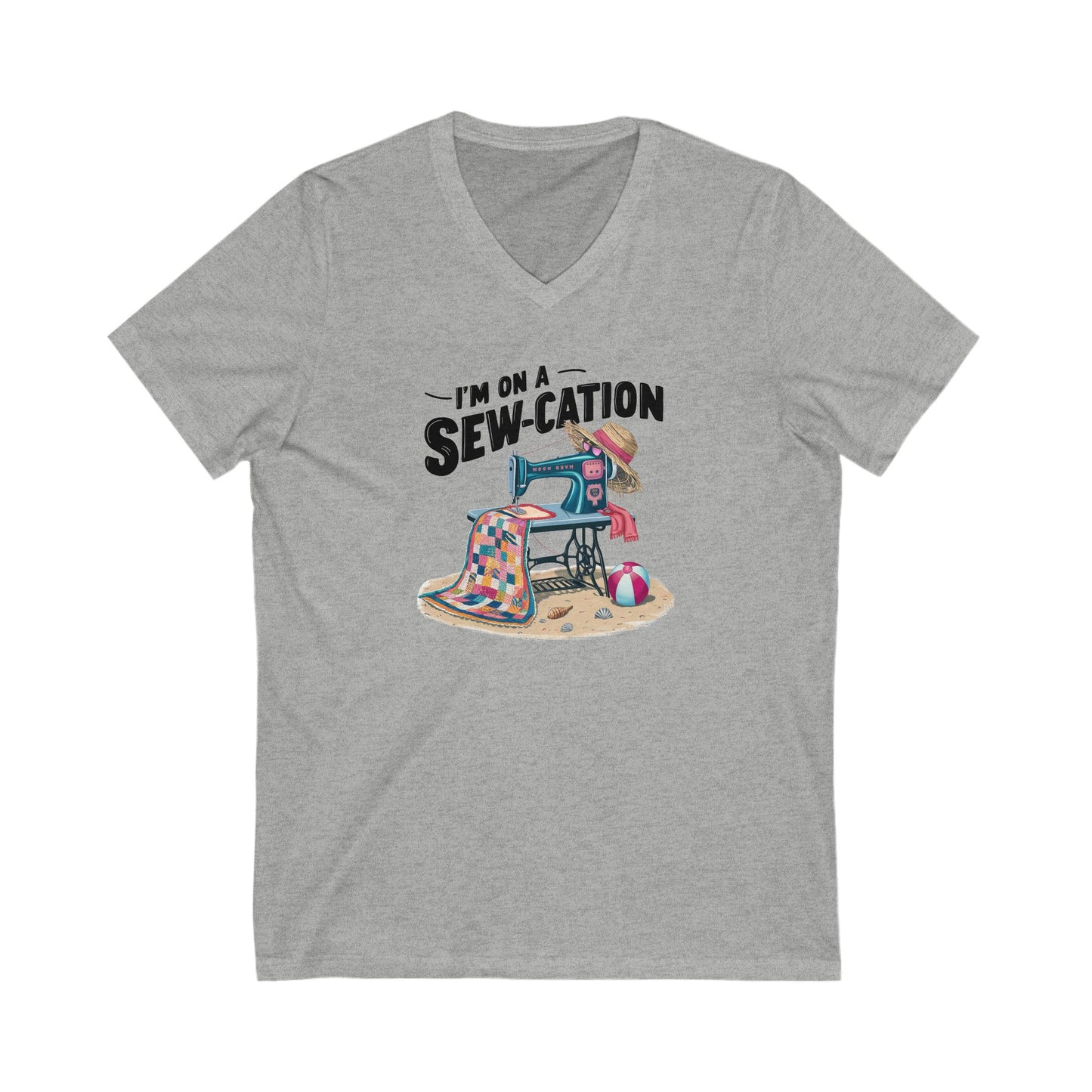 Gray t-shirt with a sewing-themed graphic and text on a white background