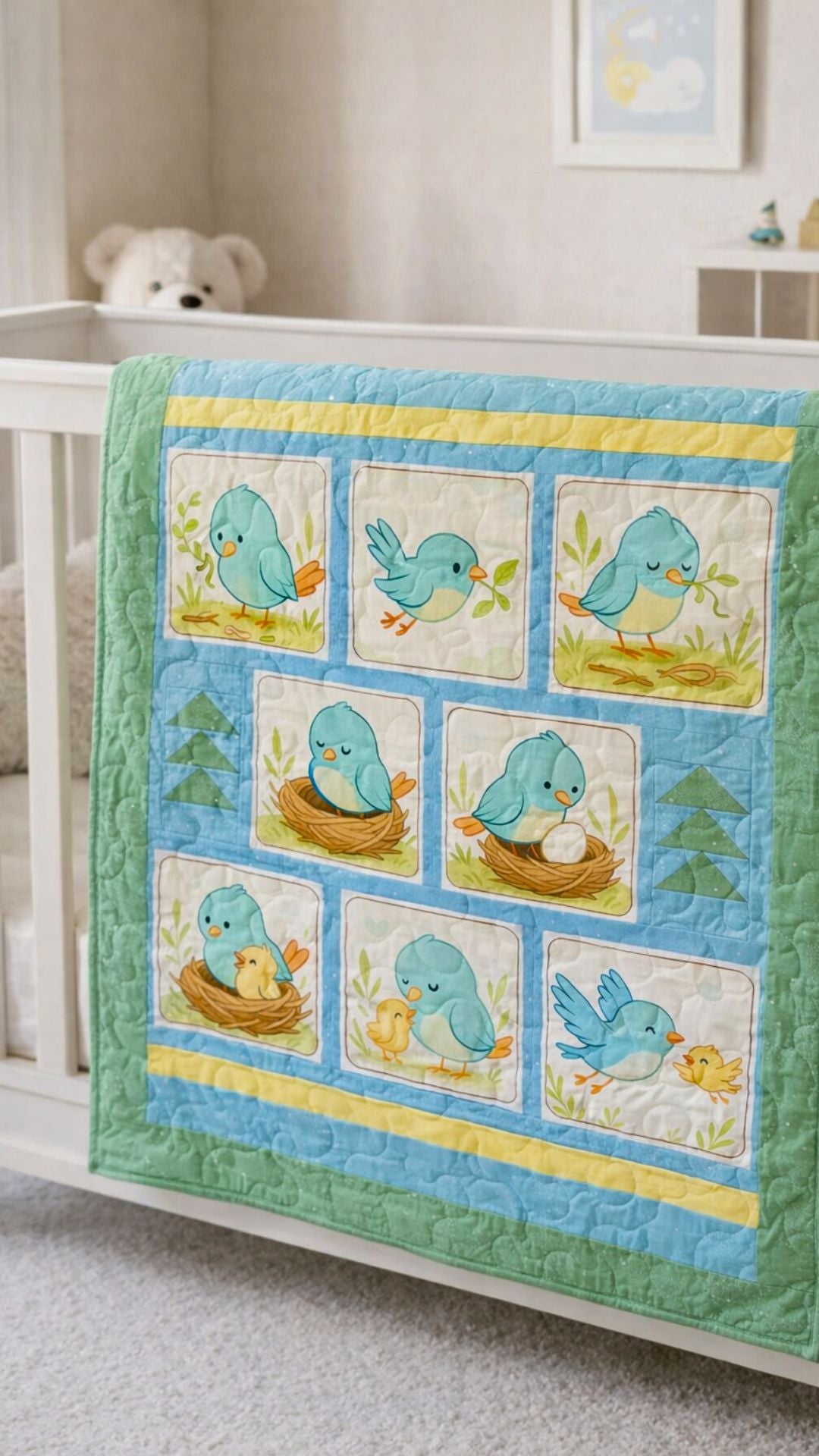 Little Birdie Makes a Nest quilt panel sewn into a nursery quilt over a crib