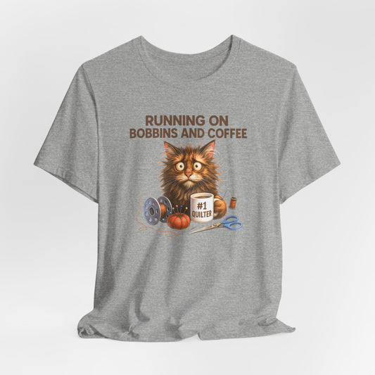 Running on Bobbins and Coffee Quilting Cat T-Shirt | Funny Quilter Gift | Cute Cat Lover Sewing Tee