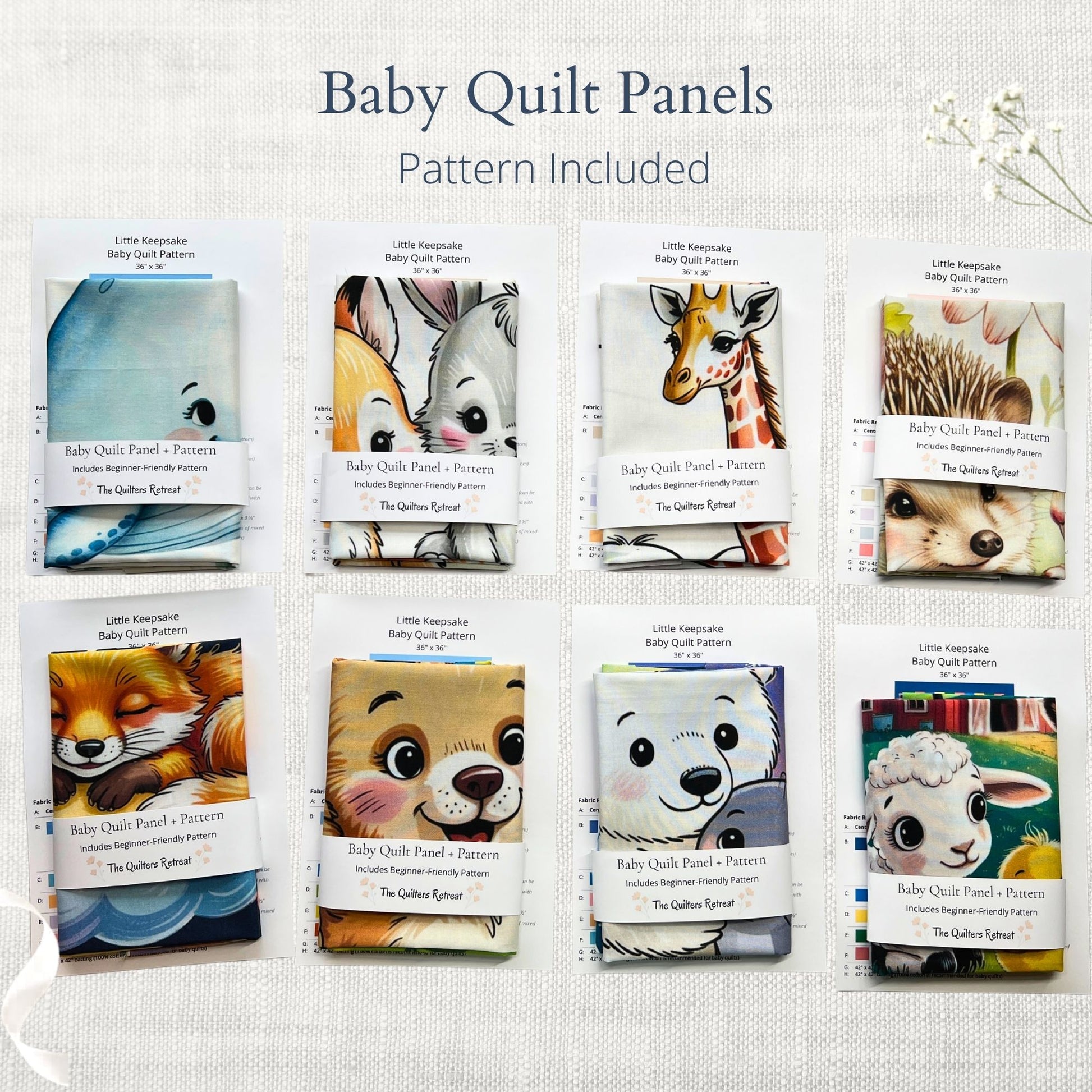 The Quilters Retreat baby quilt panel collection — pre-printed panels with beginner patterns