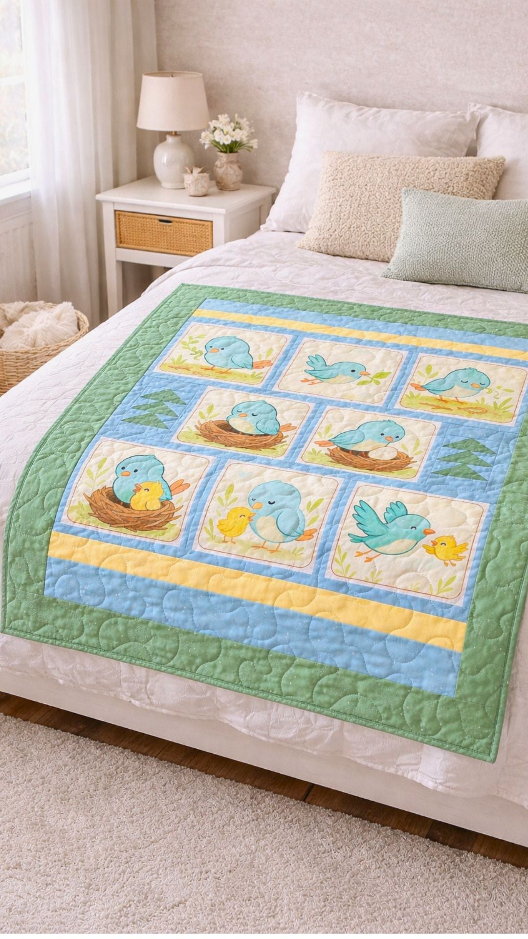Little Birdie Makes a Nest quilt on a bed in a soft nursery