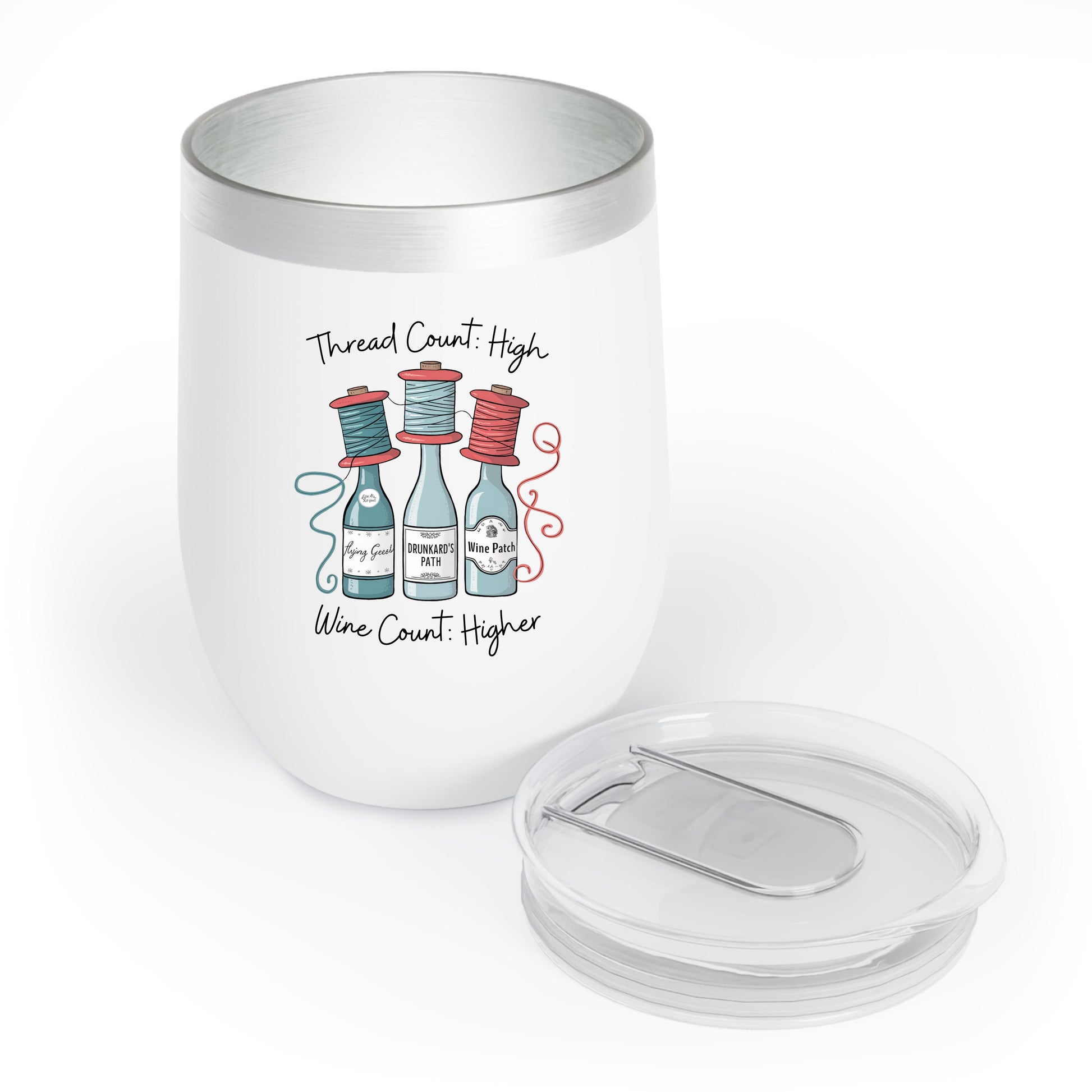 A fun quilting-inspired wine Tumbler with the phrase Thread Count High, Wine Count Higher.  The perfect gift for quilters. 