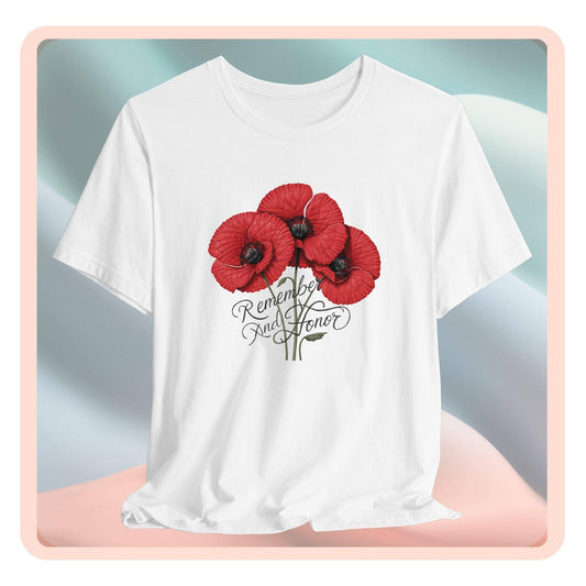 Three vivid red poppies with detailed petals and dark centers. Elegant script below reads "Remember and Honor". Memorial Day themed floral illustration combines symbolic flowers with patriotic sentiment. Perfect for honoring fallen service members and veterans.