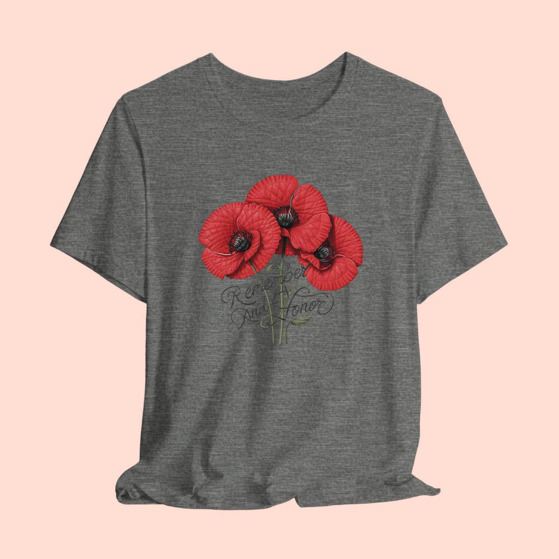 Three vivid red poppies with detailed petals and dark centers. Elegant script below reads "Remember and Honor". Memorial Day themed floral illustration combines symbolic flowers with patriotic sentiment. Perfect for honoring fallen service members and veterans.