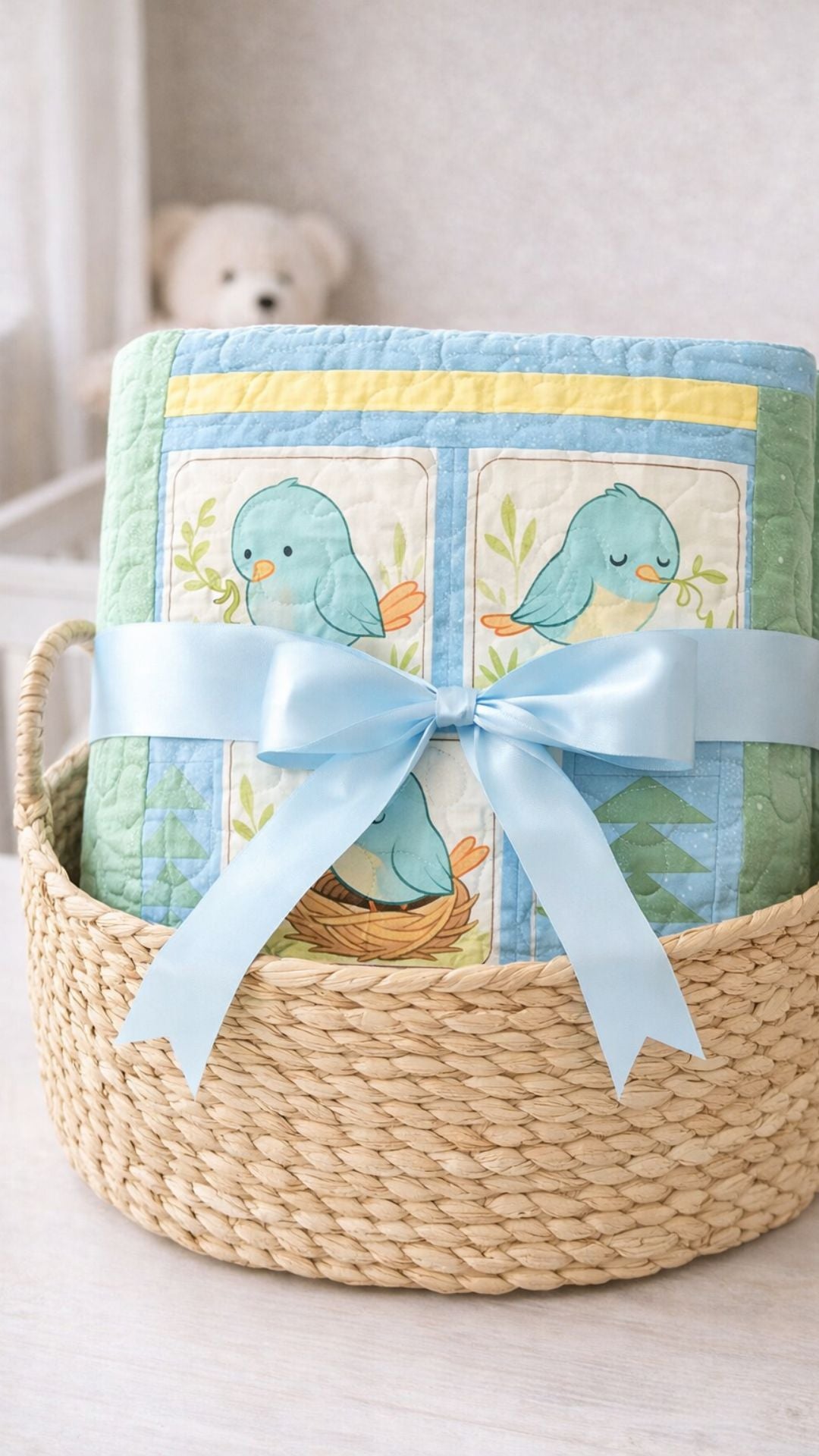 Little Birdie bluebird quilt folded in a basket with a blue bow, a baby gift