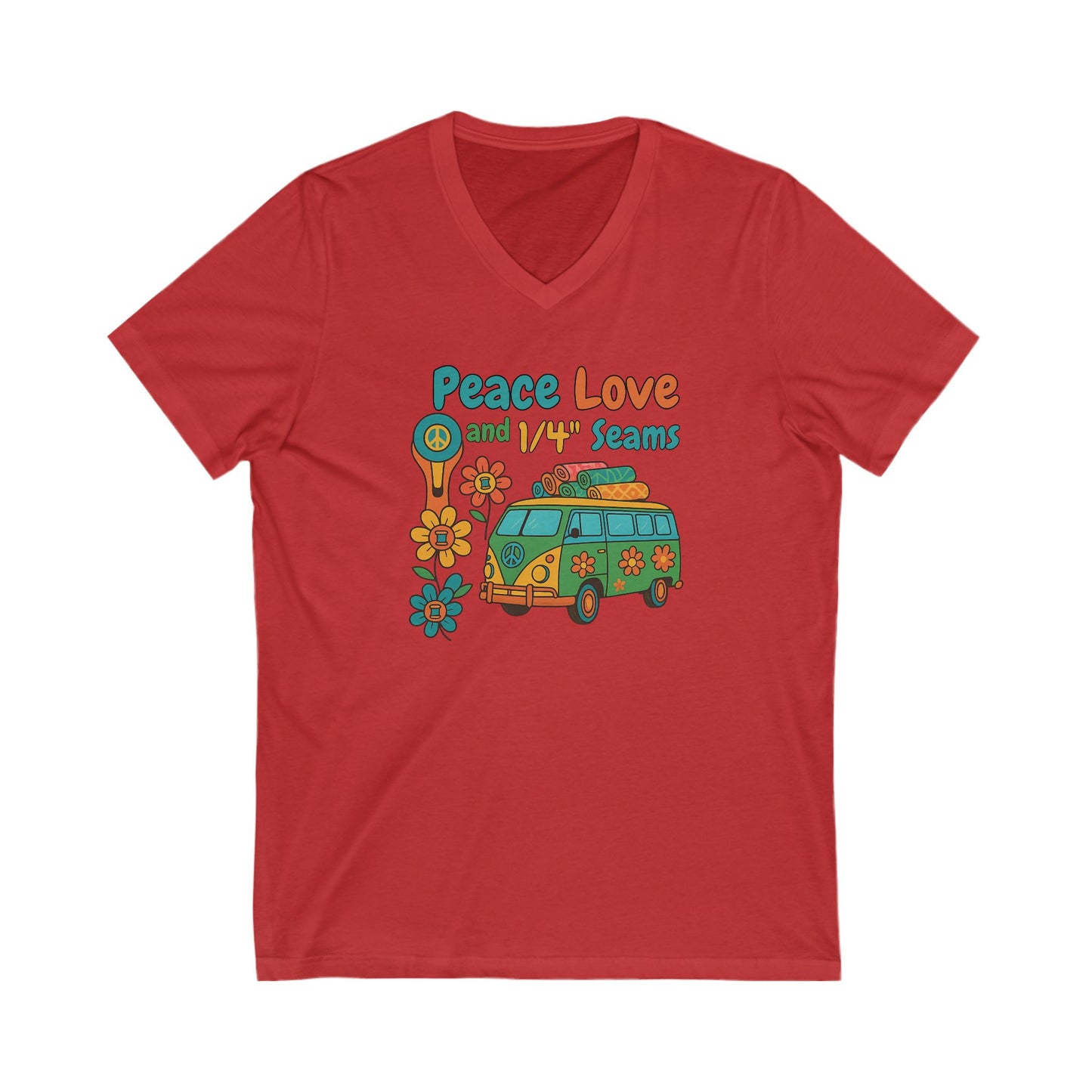 Peace Love and 1/4" Seams V-Neck T-Shirt – Retro Quilting Tee for Groovy Stitchers