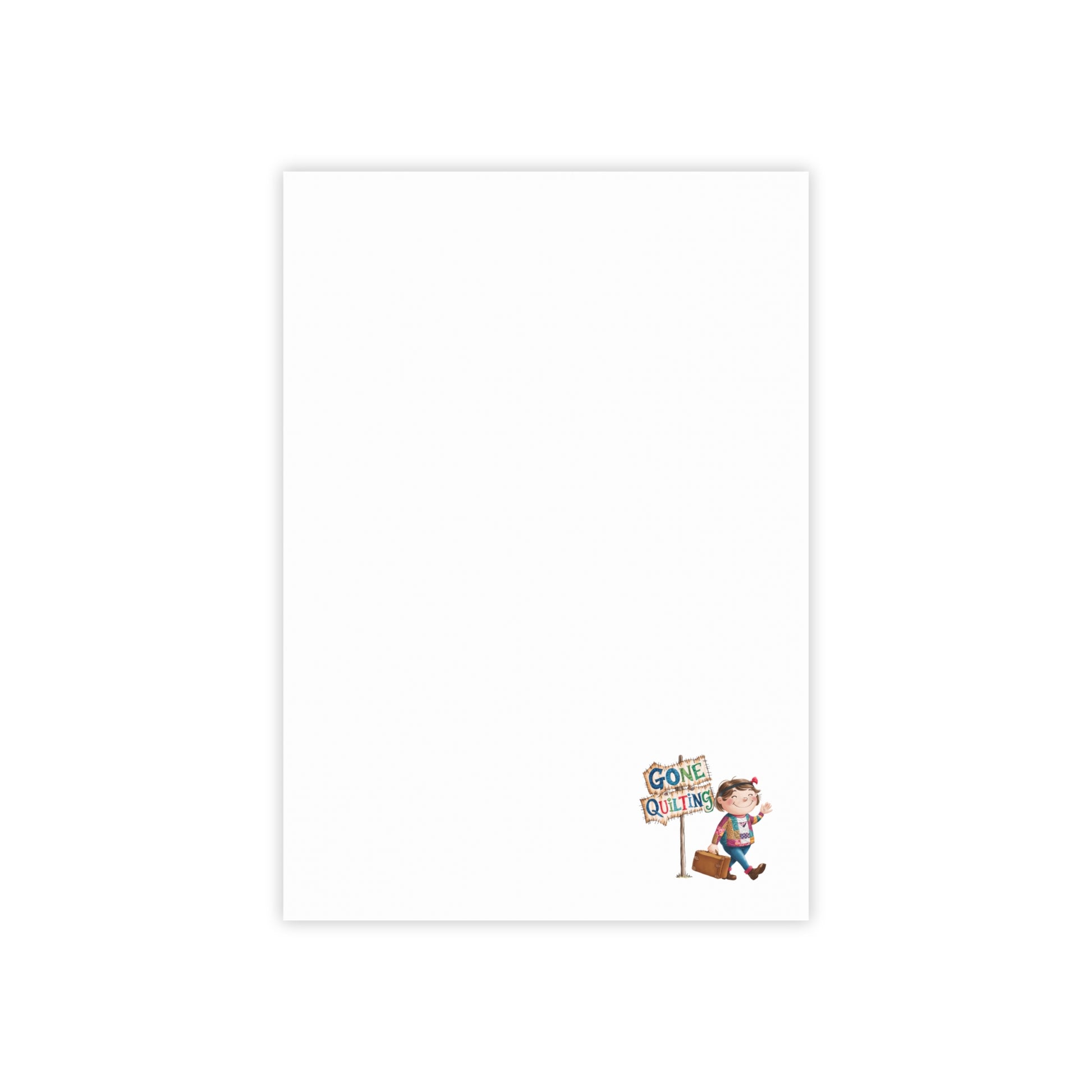 Unique and fun quilting notepads for quilters featuring 'Gone Quilting: Whimsical 3M Post-it Notes for Quilters'. Ideal for showing off quilting passion.