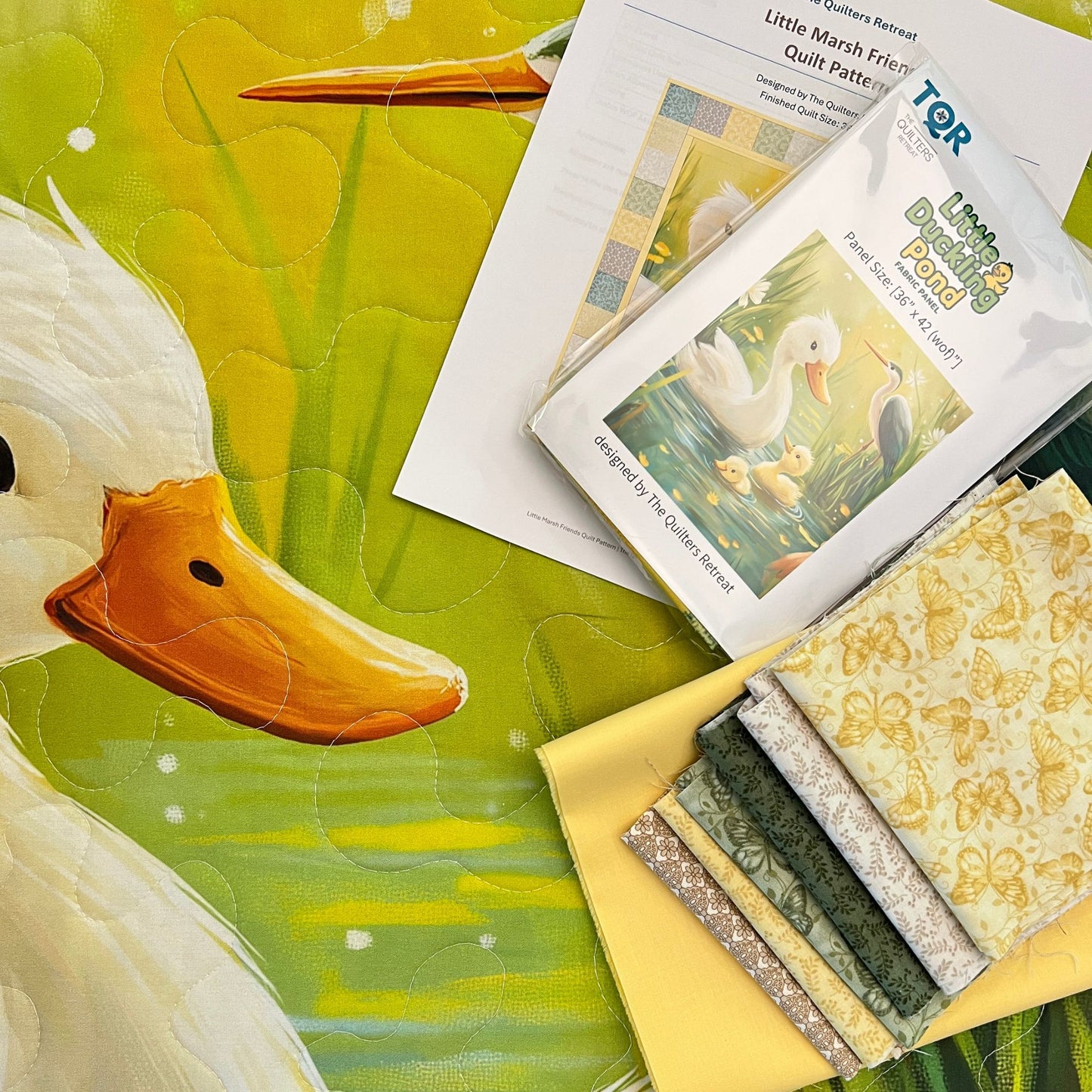 Little Marsh Friends quilt kit — Little Duckling Pond panel, pattern and yellow and green coordinating fabrics
