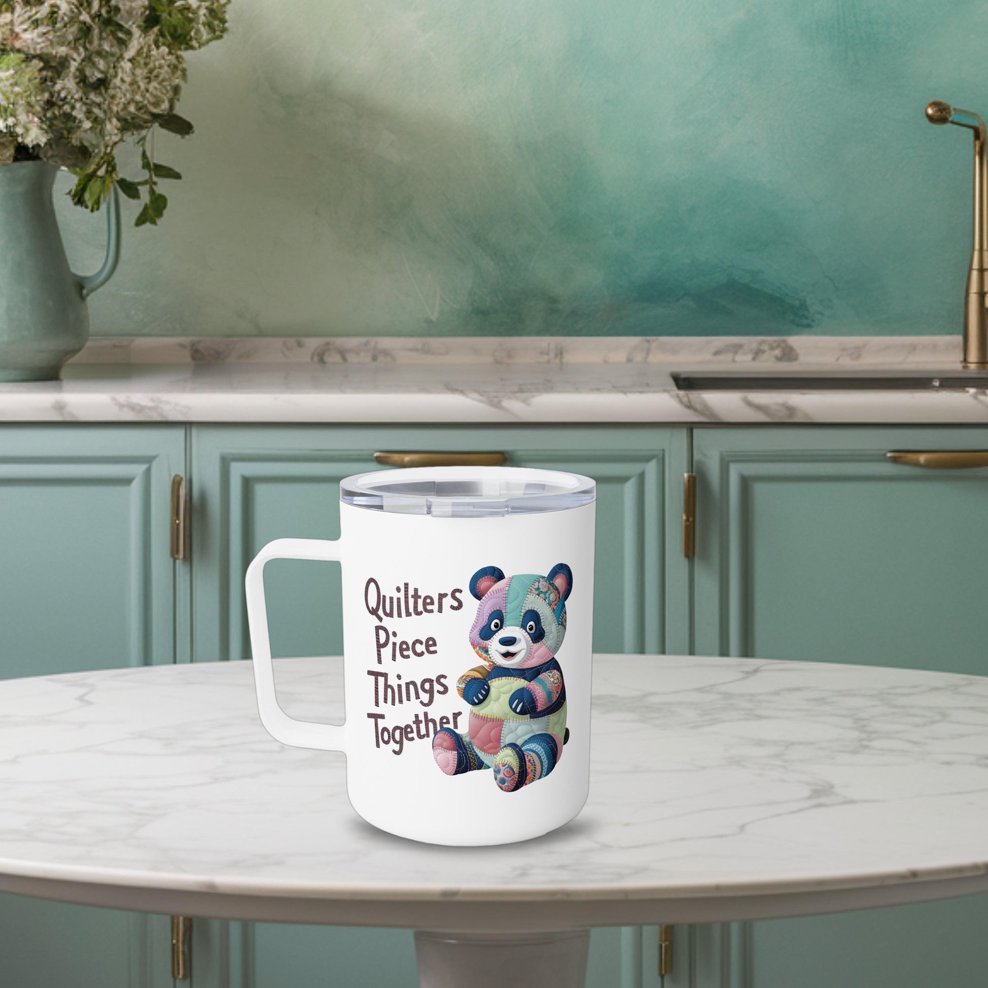 A funny quilting-inspired Insulated Mug with the phrase Quilters Piece Things Together with a patchwork panda design . The panda is made of colorful fabric scraps stitched together, creating a whimsical and crafty appearance. Perfect for quilting enthusiasts with a sense of humor.