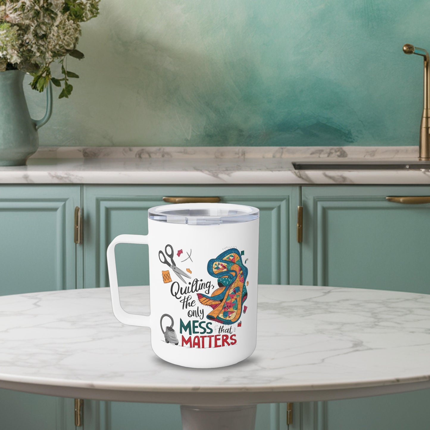 A funny quilting-inspired Insulated Mug with the phrase Quilting, the Only Mess that Matters and illustrations of fabric scraps, scissors, and a vacuum cleaner. Colorful quilt patterns swirl around the text, creating a playful and relatable design for quilting enthusiasts.