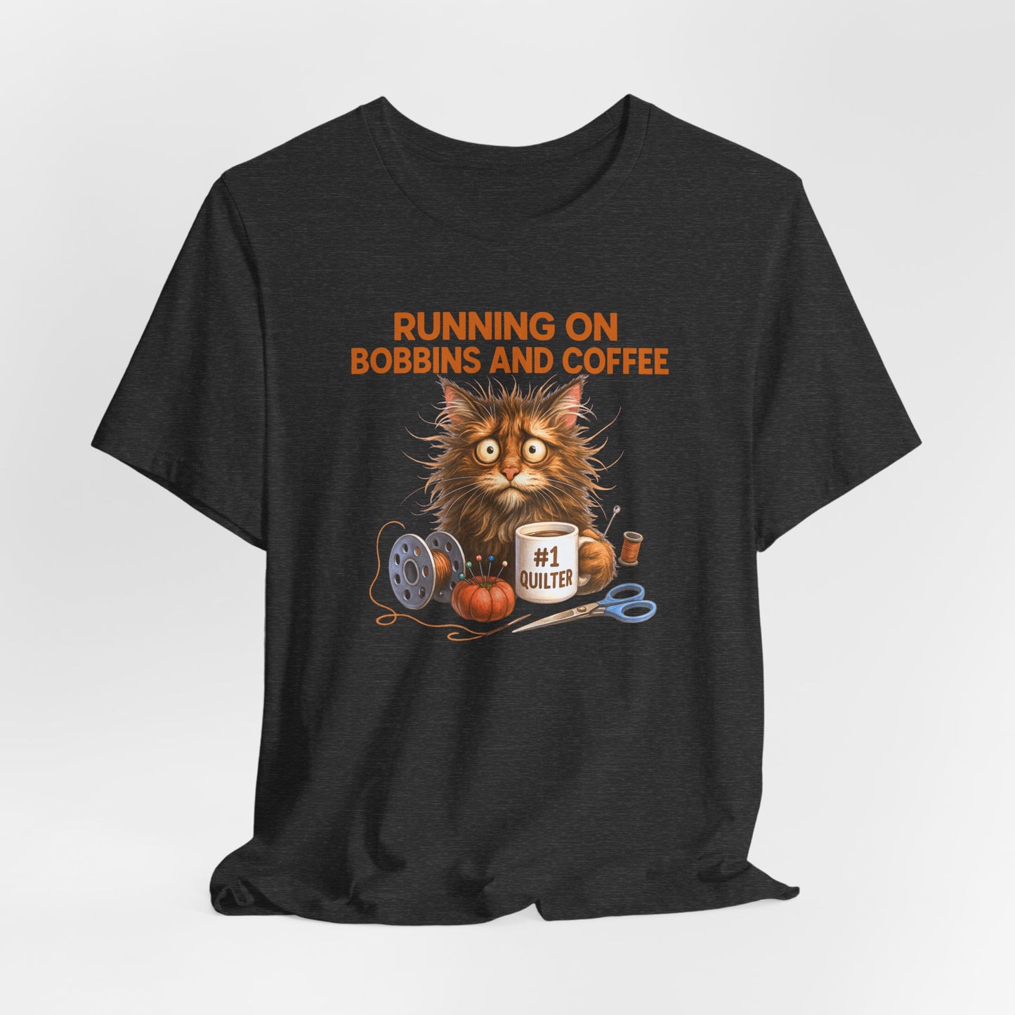 Running on Bobbins and Coffee Quilting Cat T-Shirt | Funny Quilter Gift | Cute Cat Lover Sewing Tee