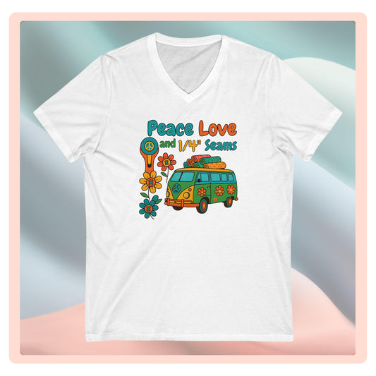 Peace Love and 1/4" Seams V-Neck T-Shirt – Retro Quilting Tee for Groovy Stitchers