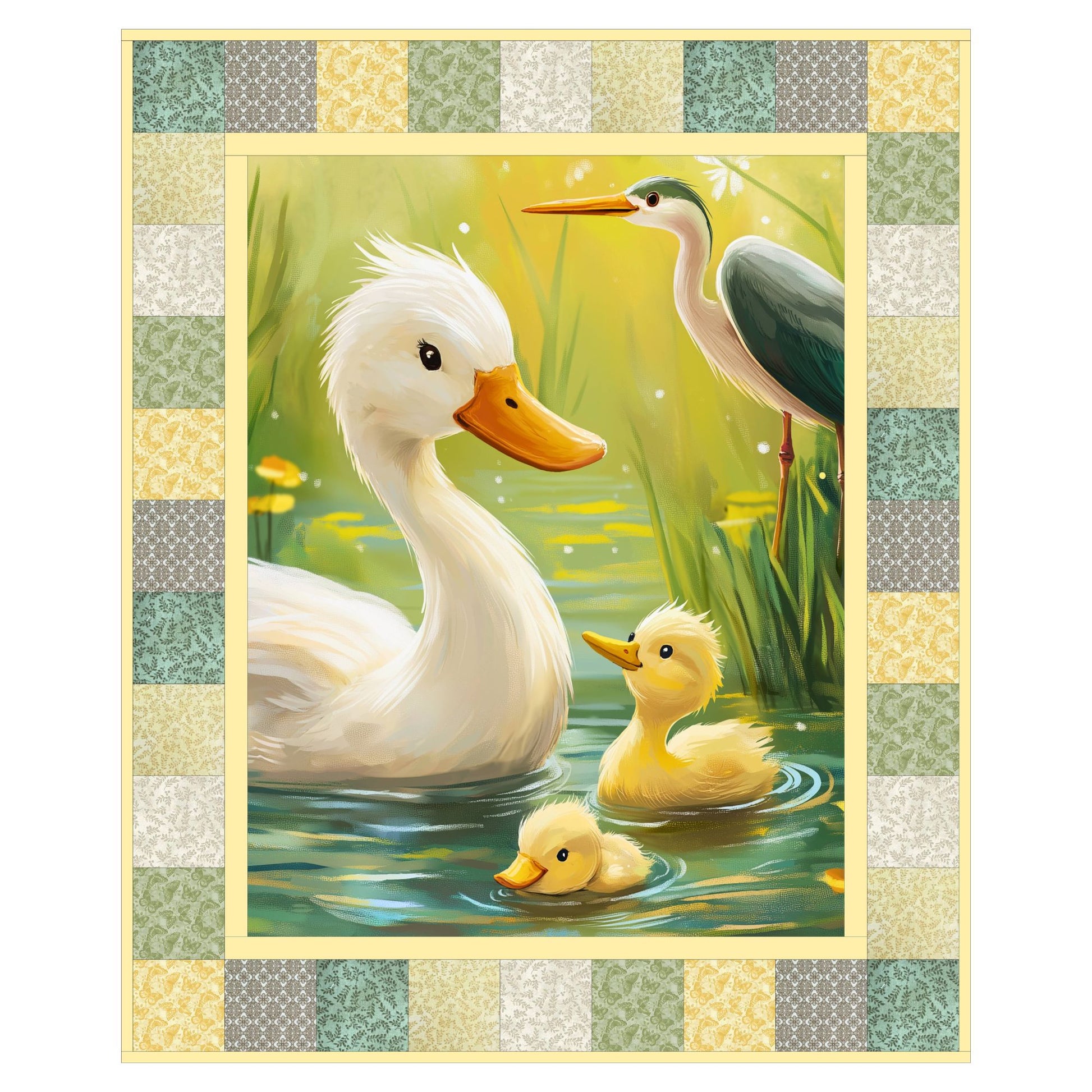 Little Marsh Friends baby quilt kit finished — mother duck, ducklings and a heron on a pond with patchwork border