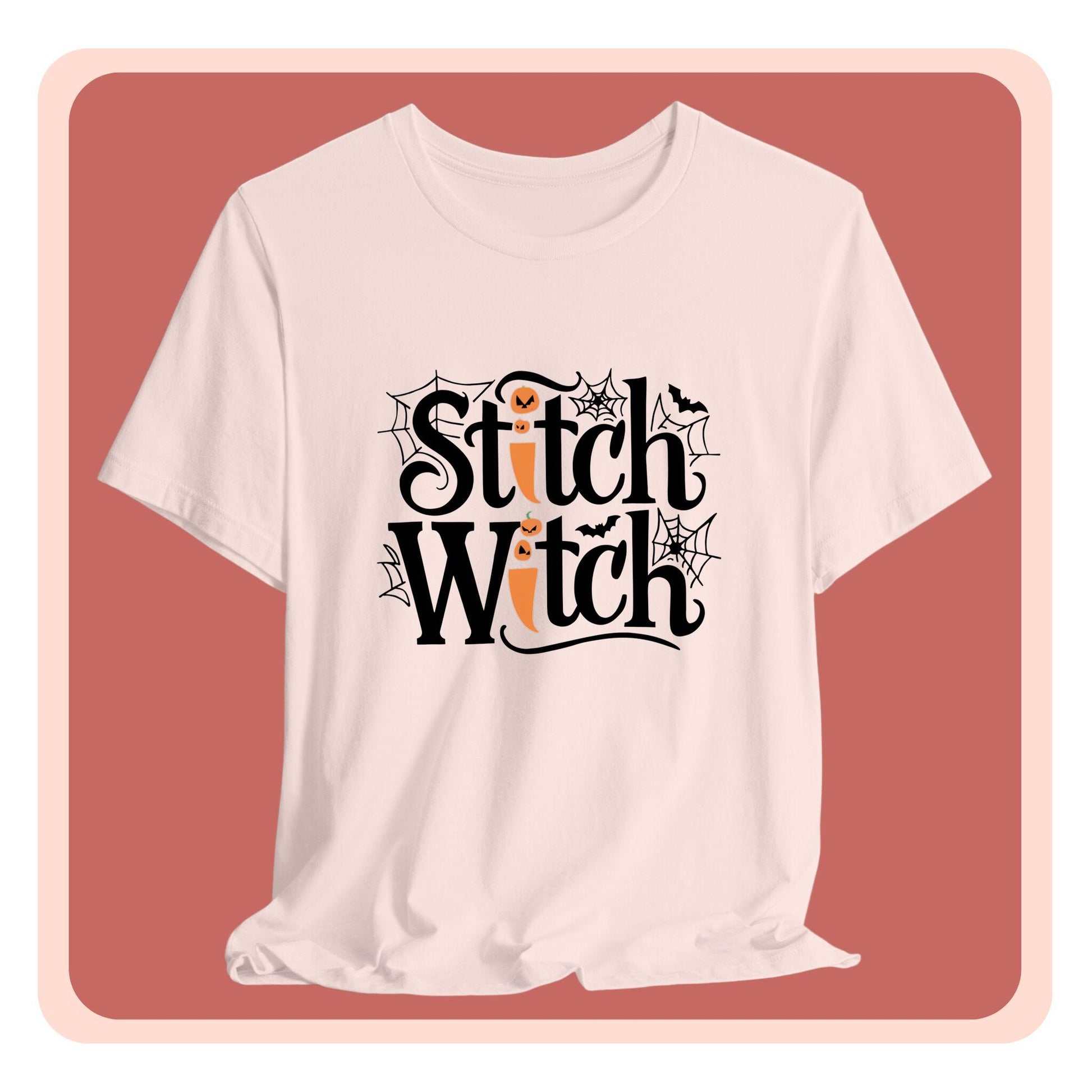 T-shirt design with "Stitch Witch" text in Halloween-themed typography. Jack-o'-lanterns, spiderwebs, and bats decorate the letters. The "i" in "Stitch" resembles a sewing needle. Ideal for quilters who love Halloween.