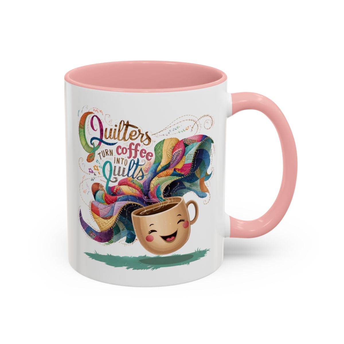 A Pink funnyny Ceramic Mug with the phrase Quilters Turn Coffee Into Quilts showing A Pink funny coffee cup and quilting design