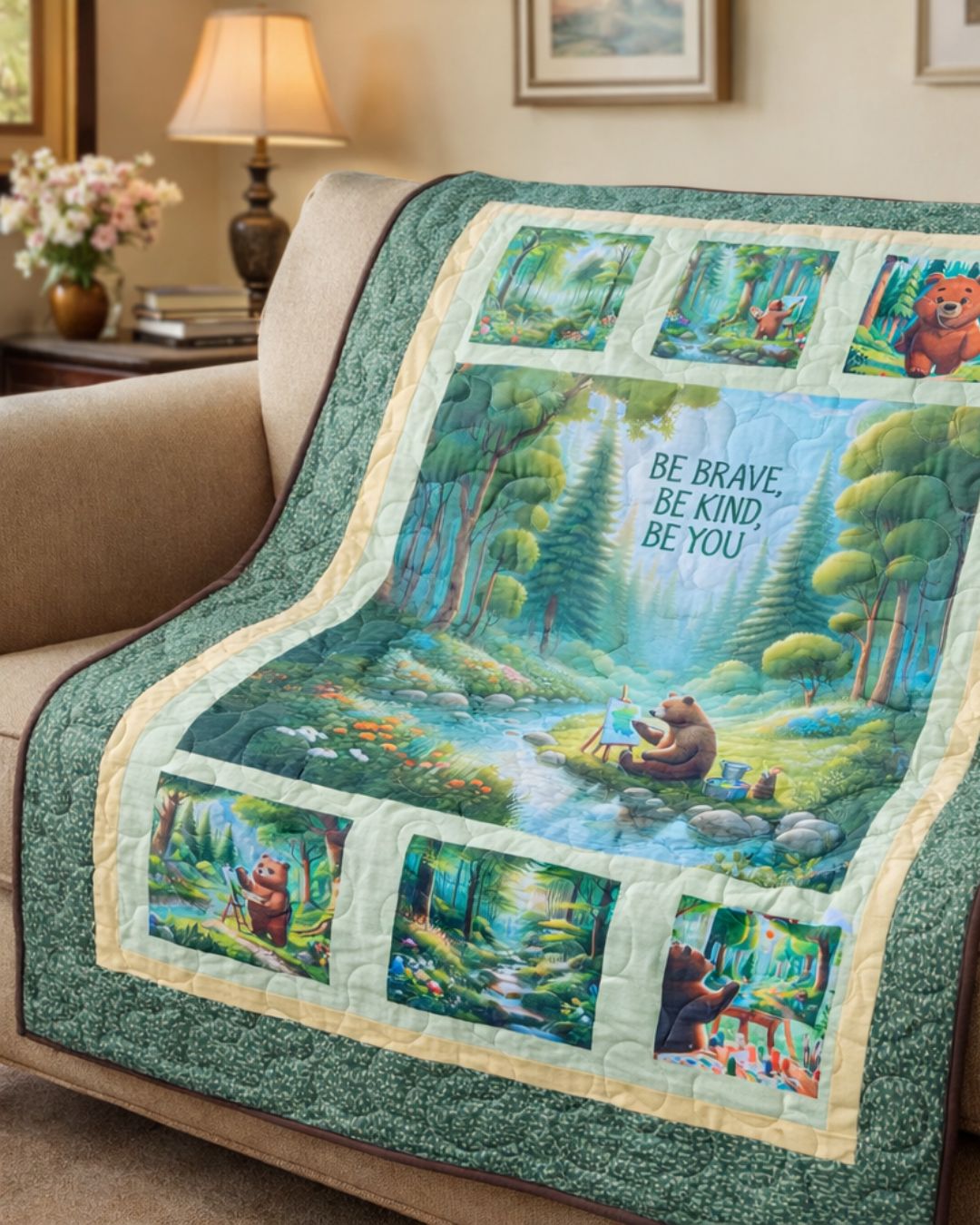 Be Kind Bear quilt panel sewn into a finished quilt with green border on a sofa