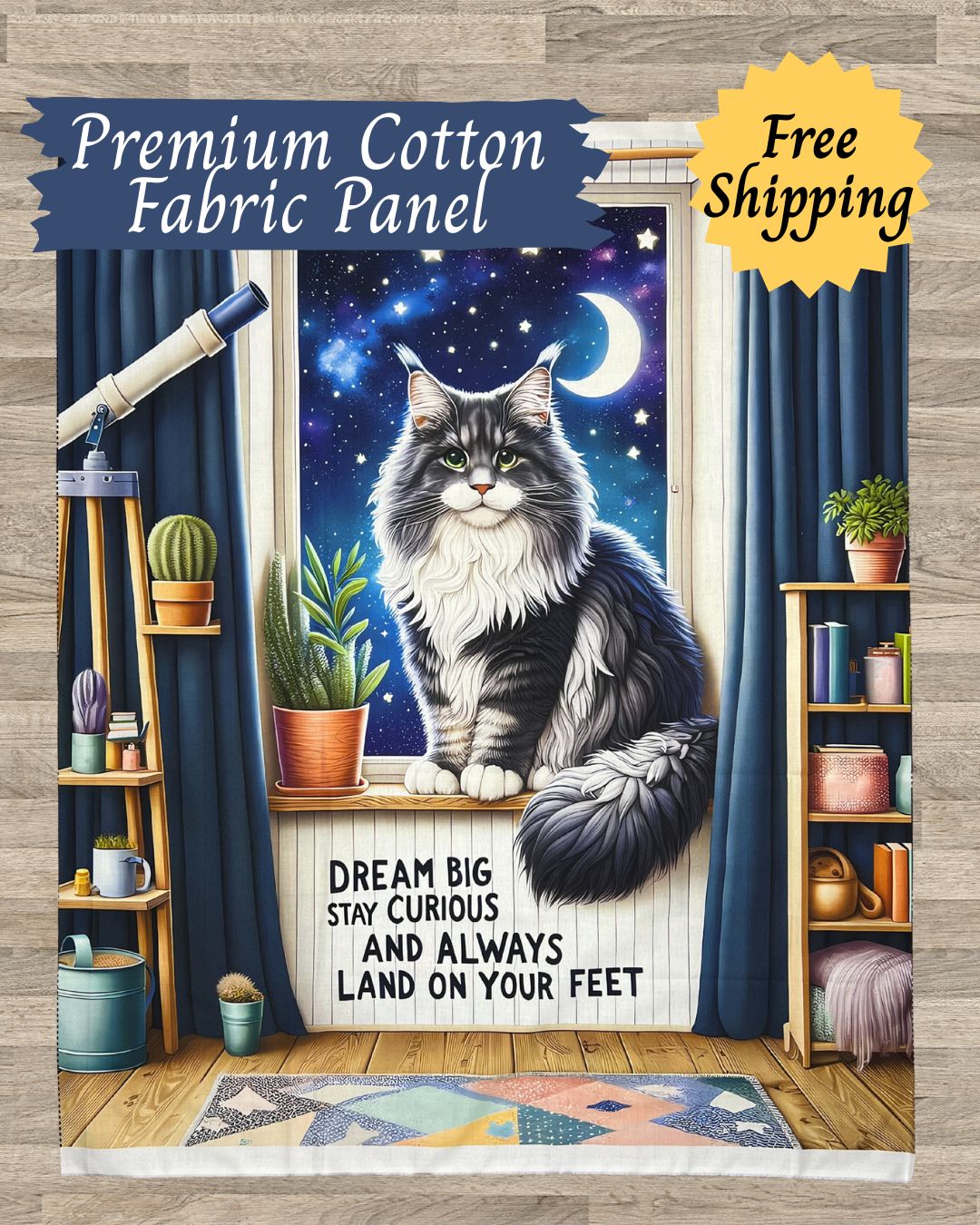 Dream Big Cat Quilt Panel – Maine Coon's Delightful Fabric Panel with Pattern