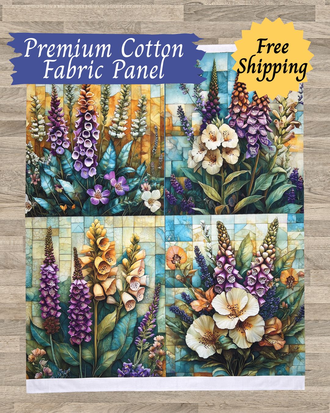 Foxglove & Lavender Botanical Quilt Panel – Set of 4 Blocks | 100% Cotton (36" x 42")