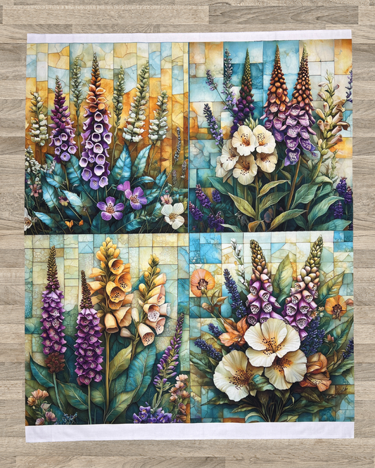 Foxglove & Lavender Botanical Quilt Panel – Set of 4 Blocks | 100% Cotton (36" x 42")