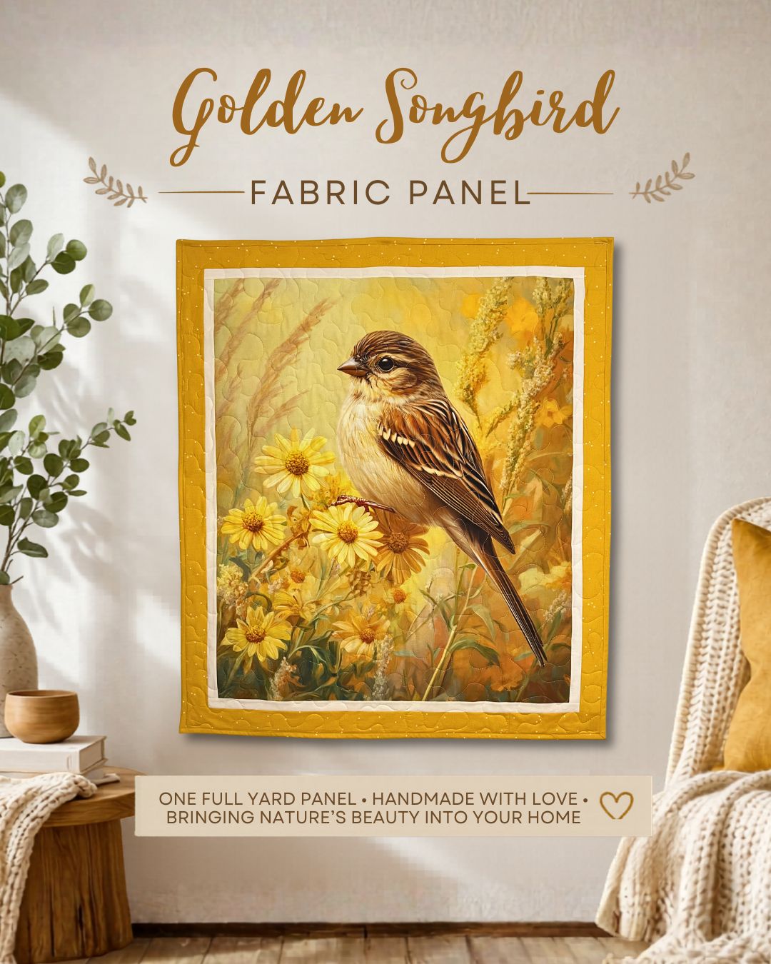 Golden Songbird Fabric Panel – 1 Yard