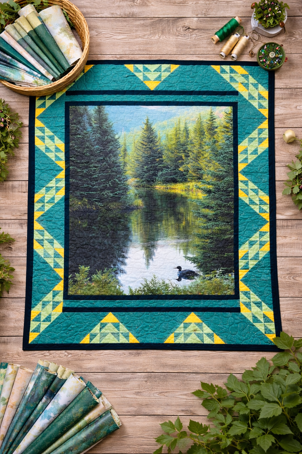 Finished Balsam & Loon Lake panel quilt with the kit's coordinating fat quarters and thread, teal loon-lake design