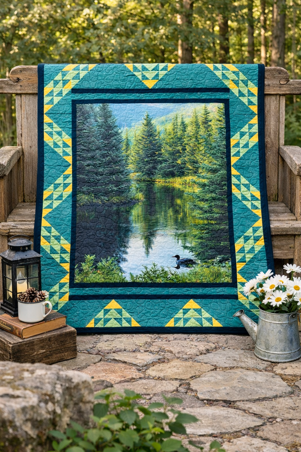 Finished Balsam & Loon Lake quilt — a loon on a misty forest lake framed by a gold and navy sawtooth border