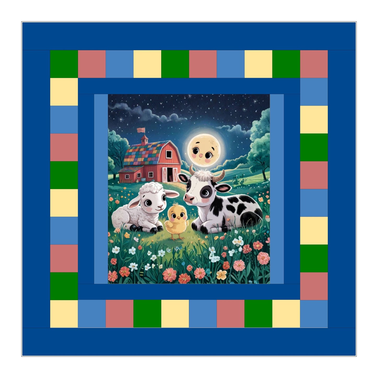 Farm friends baby quilt panel layout with pieced patchwork borders, 36-inch baby quilt