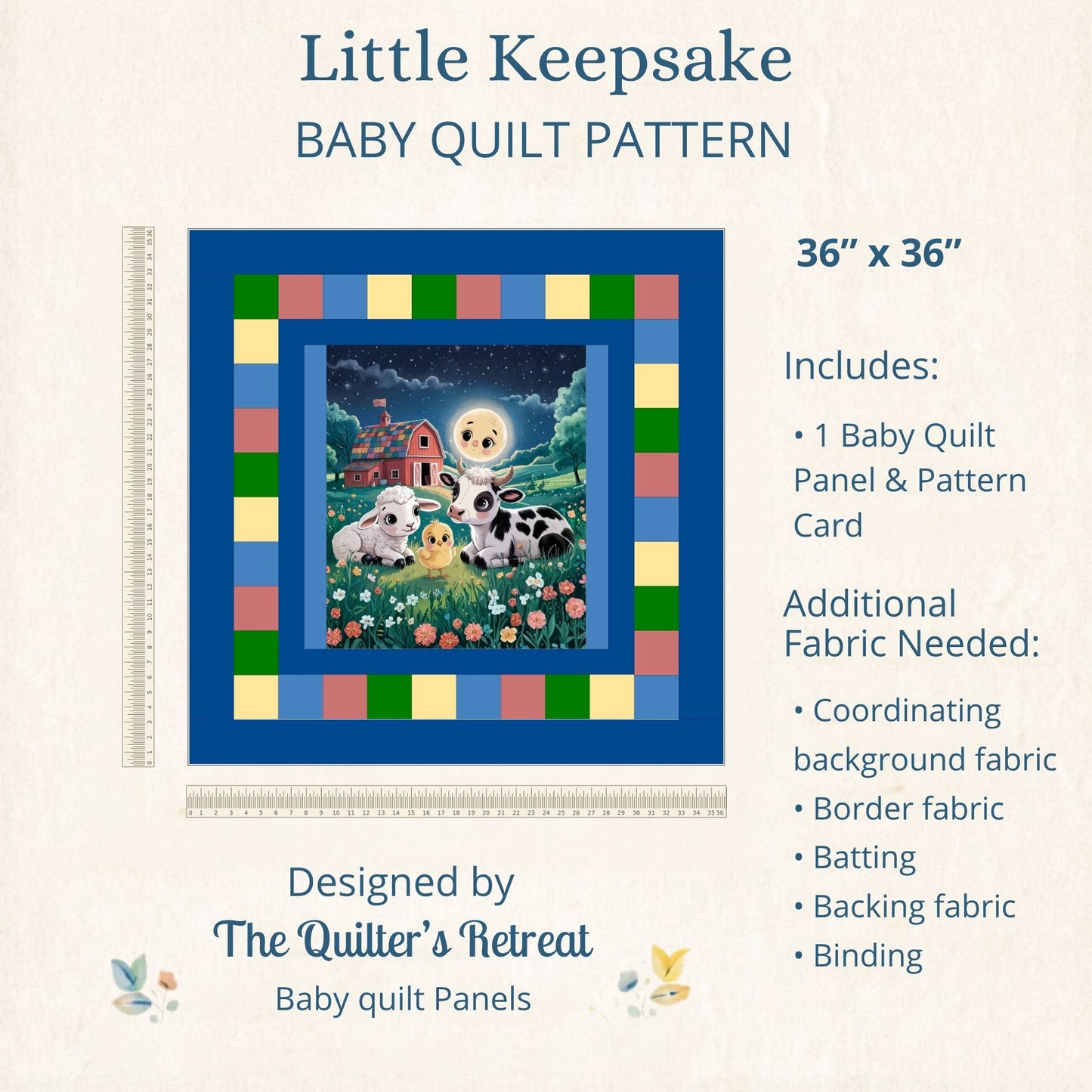 Little Keepsake pattern card for the farm friends baby quilt panel, 36×36 and beginner-friendly