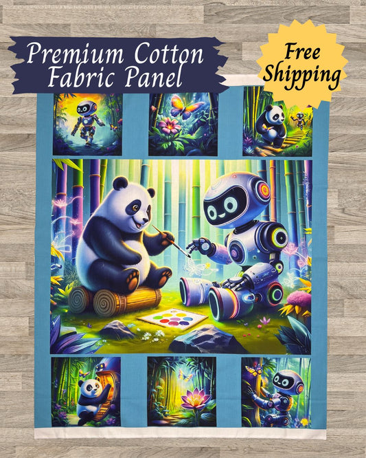 Panda & Robot Quilt Panel – Stitched Together Friendship Story Panel for Quilters