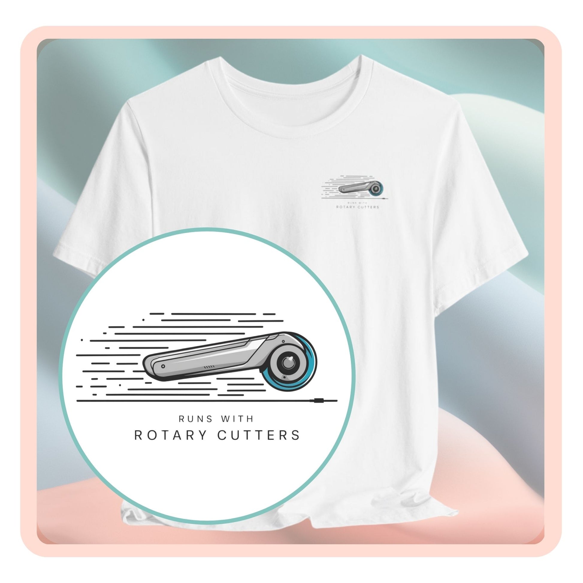 A T-shirt featuring minimalist graphic of a sleek rotary cutter in motion with speed lines. Text below reads "RUNS WITH ROTARY CUTTERS" in a modern font.