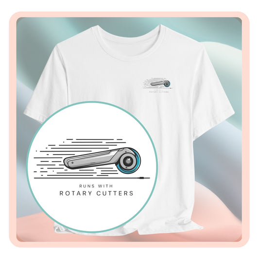 A T-shirt featuring minimalist graphic of a sleek rotary cutter in motion with speed lines. Text below reads "RUNS WITH ROTARY CUTTERS" in a modern font.